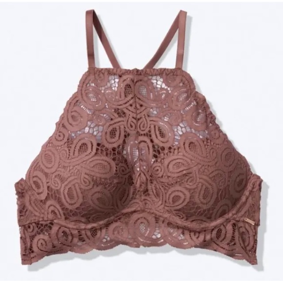 PINK Victoria's Secret Other - PINK by Victoria’s Secret Lace Pad Pushup Halter High Neck Bralette Bra Brown Lg